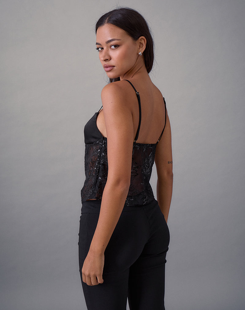 Imagen de Rikasu Top de gasa floral con lentejuelas Negro