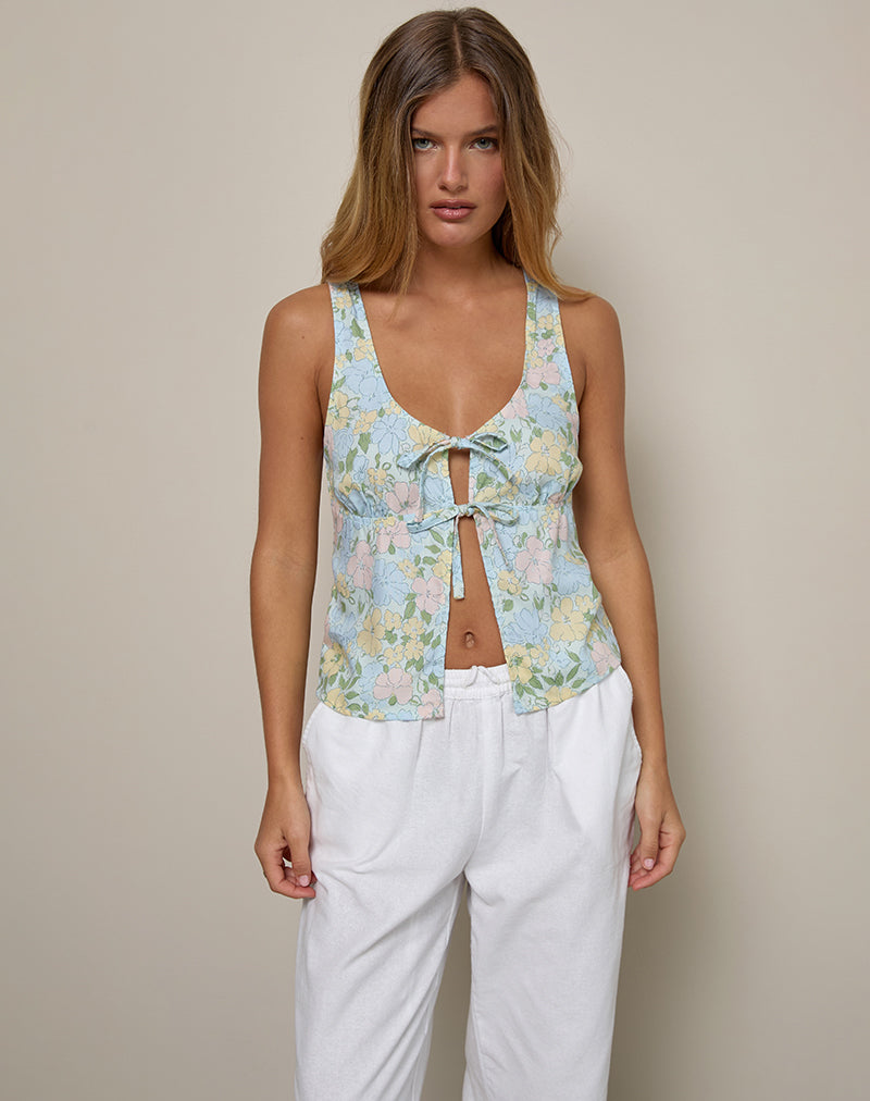 Rodite Tie Front Top en Floral Pastel Lavado