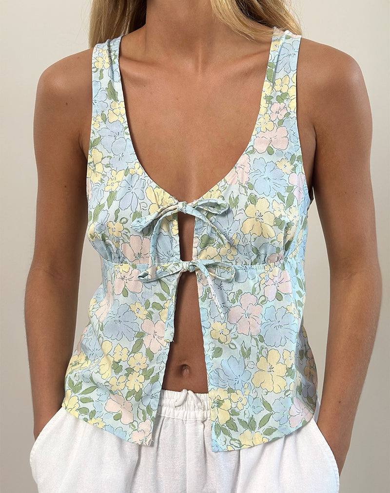 Rodite Tie Front Top en Floral Pastel Lavado