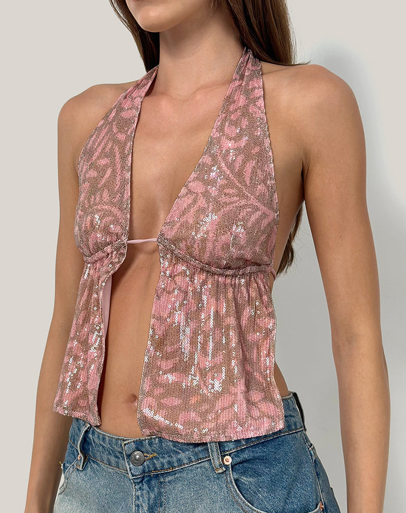 Imagen de Rokudo Top Cuello Haltern en Boho Batik Lentejuelas Rosa