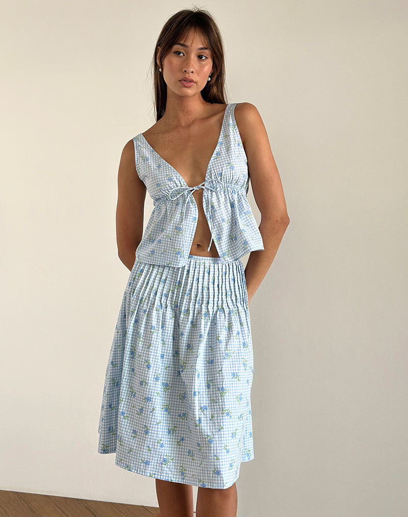 imagen de Asada Midi Skirt in Blue Flower Gingham