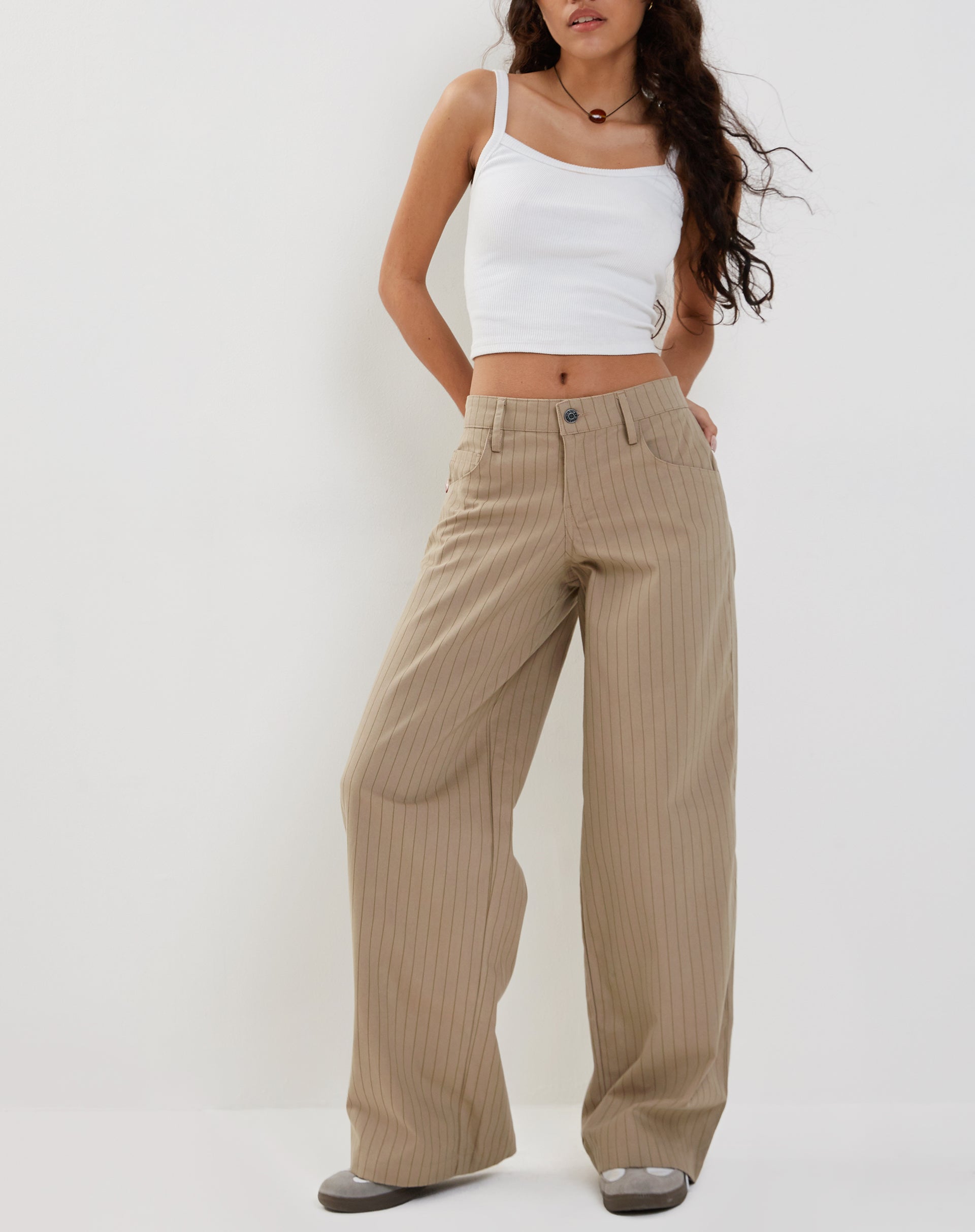 imagen de Pantalones amplios de tiro bajo extra anchos de raya diplomática Stone
