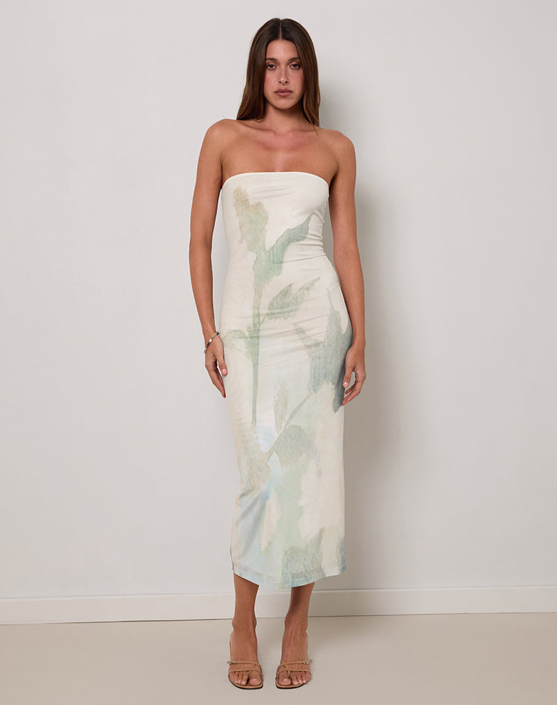 Imagen de Rosbandi Vestido Bandeau Midi en Azul Flor Pintado Abstracto