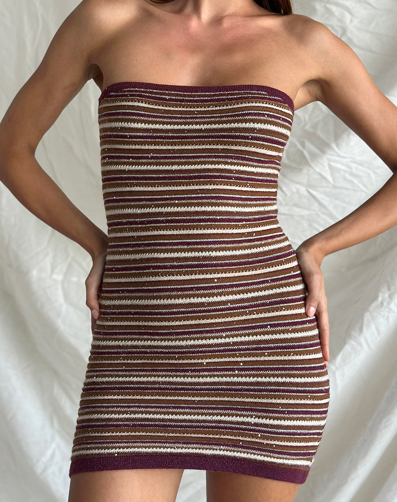 Rosbina Bandeau Mini Vestido en Shimmer Stripe Knit Rust