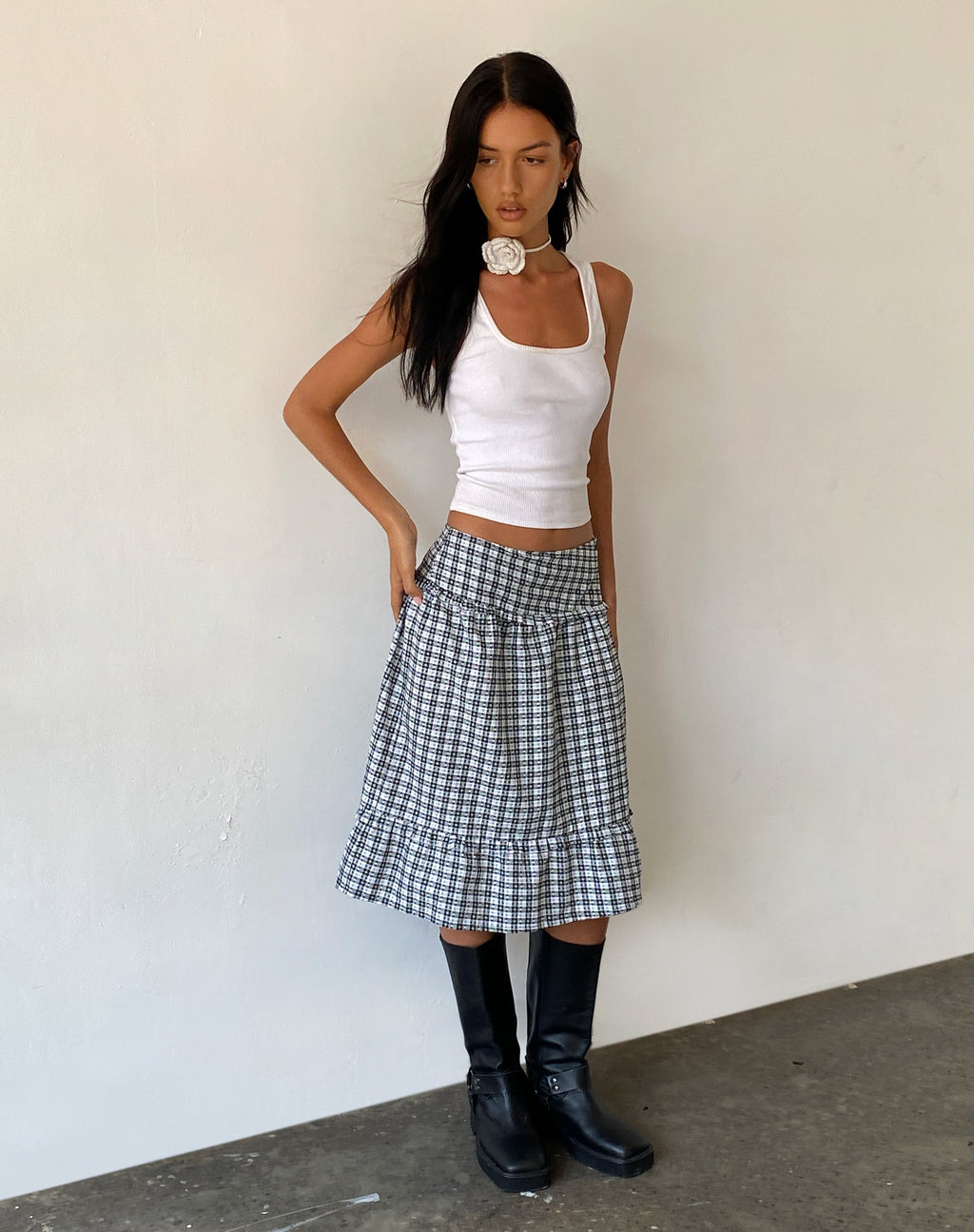 Kasya Falda midi con vuelo en cuadros burdeos