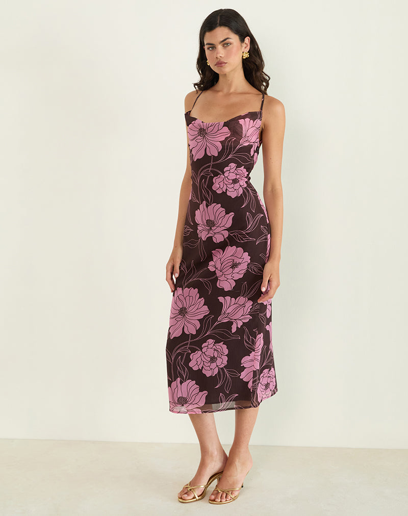 Imagen de Rujira Cowl Midi Dress in Flare Floral Pink Brown