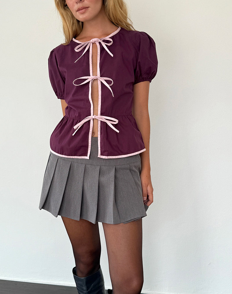 Imagen de Ryota Tie Front Blouse in Oxblood with Pink Lady Binding
