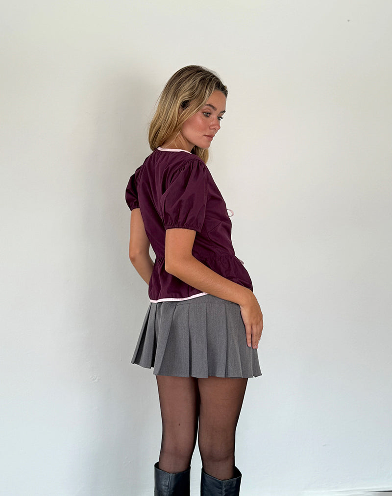 Imagen de Ryota Tie Front Blouse in Oxblood with Pink Lady Binding