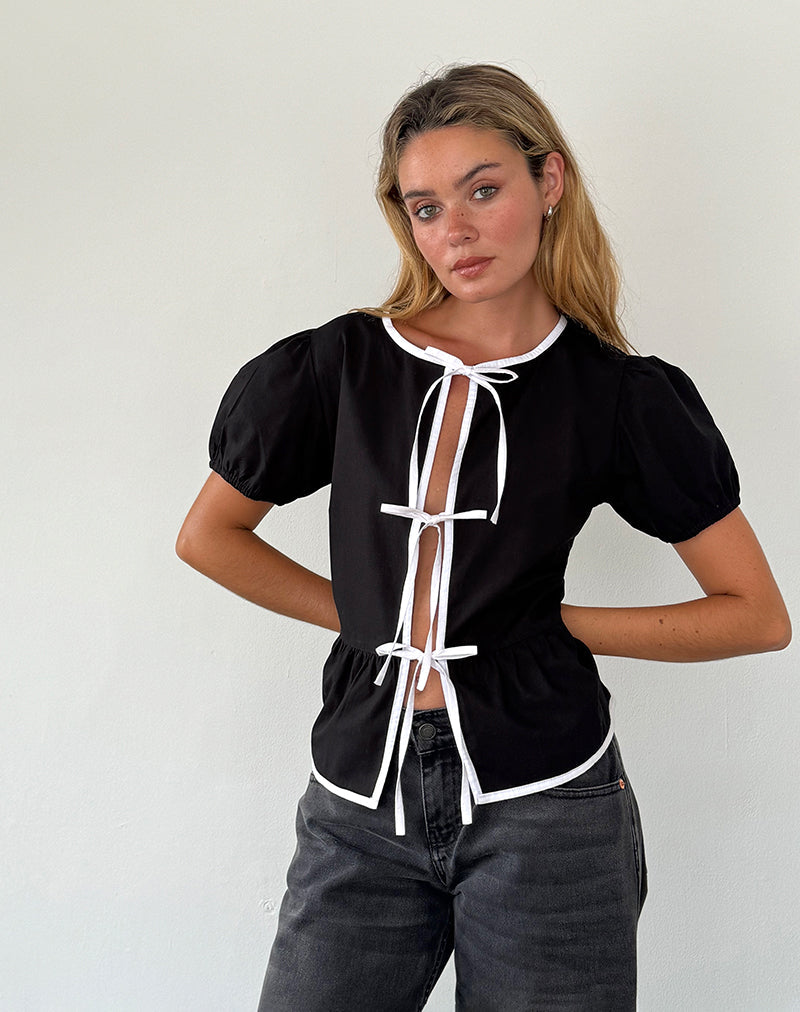 Imagen de Ryota Tie Front Blouse in Black with White Binding
