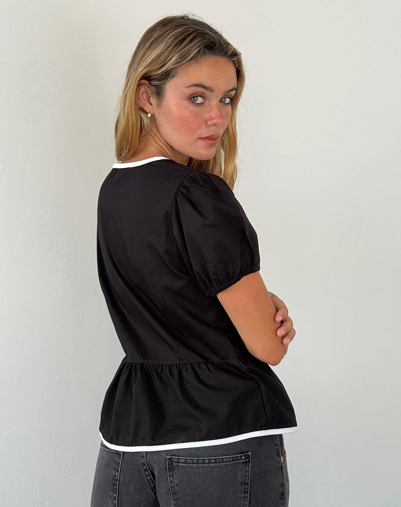 Imagen de Ryota Tie Front Blouse in Black with White Binding