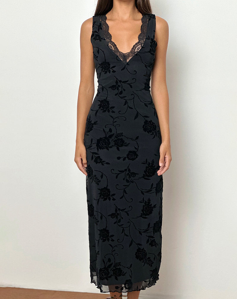 Vestido Saga Midi en Rose Flock Negro