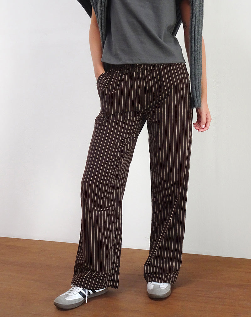Pantalones Wasic de pata ancha de lino en raya lápiz caoba oscuro