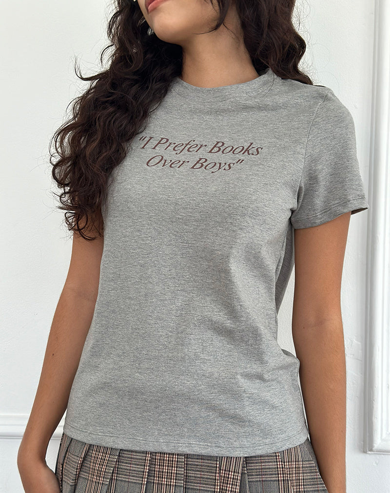 Imagen de Saki Tee in Grey Marl with I Prefer Books Over Boys Slogan