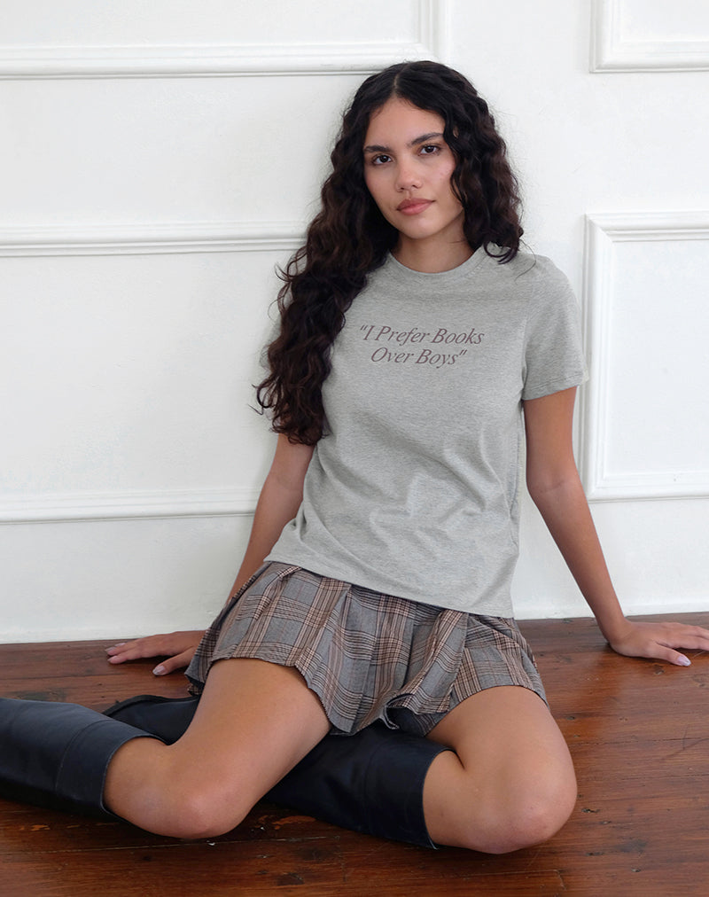 Imagen de Saki Tee in Grey Marl with I Prefer Books Over Boys Slogan