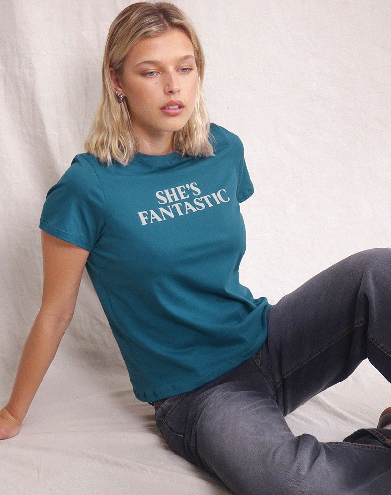 Imagen de Saki Tee in Mediterranean Blue with She's Fantastic Slogan