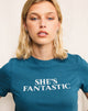 Imagen de Saki Tee in Mediterranean Blue with She's Fantastic Slogan