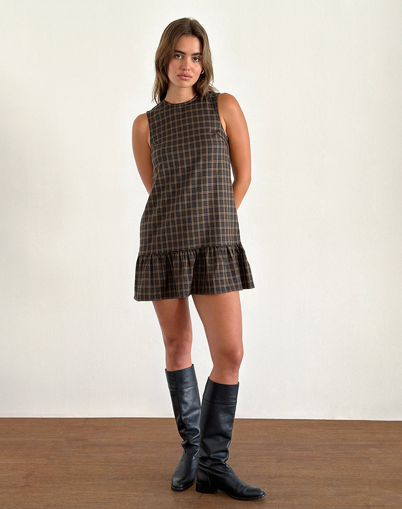 Imagen de Samana Babydoll Mini Dress in Check Marrón Oscuro