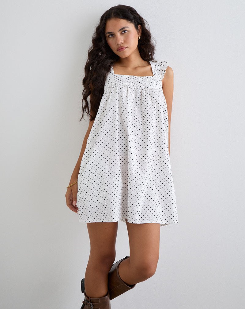 Mini Vestido Sanaly en Blanco con Micro Polka Negra
