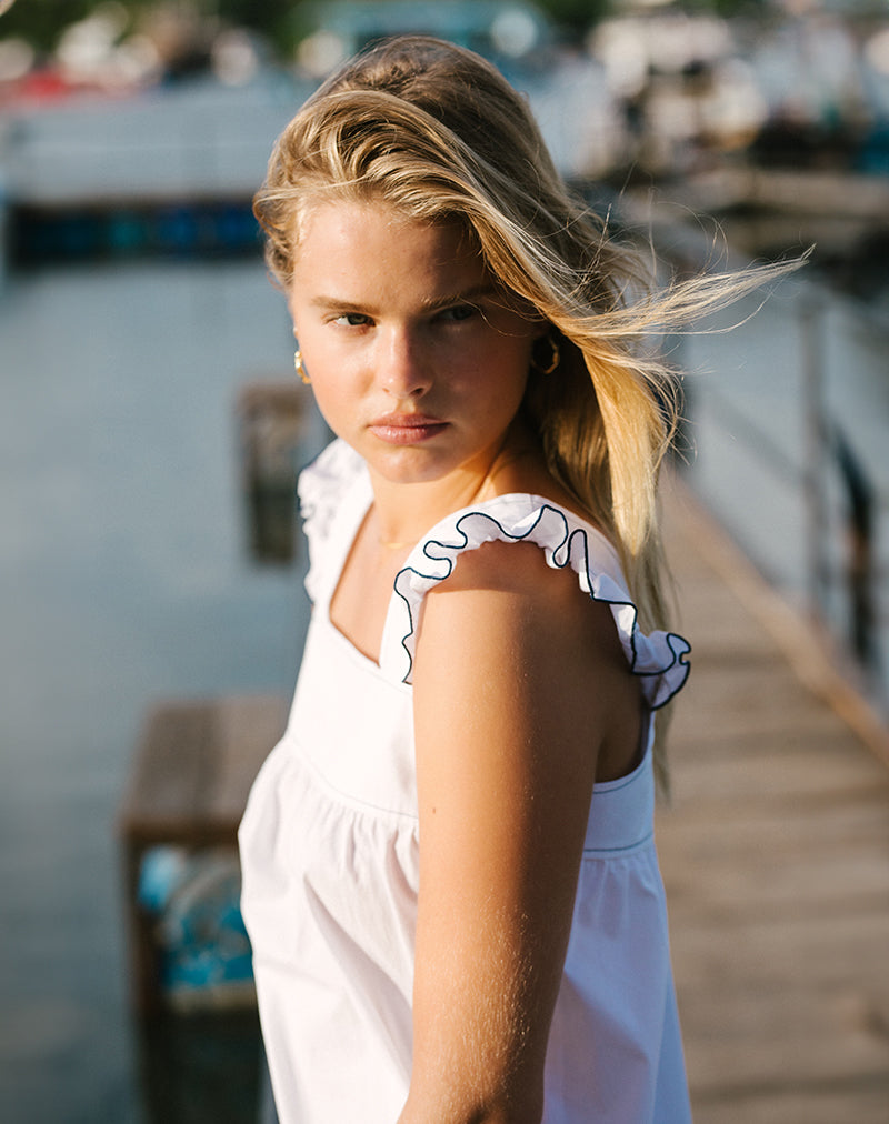 Imagen de Sanaly Mini Vestido en Blanco con Azul Marino Babylock