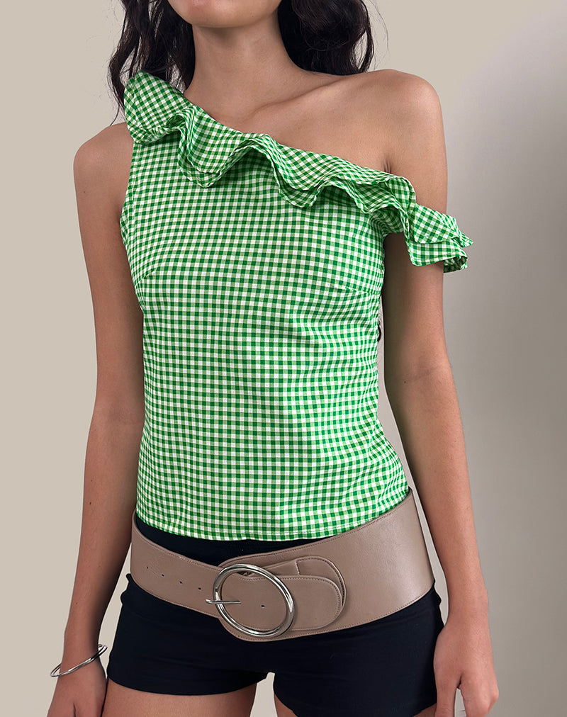 Top con volantes Sanamu en mini guinga verde