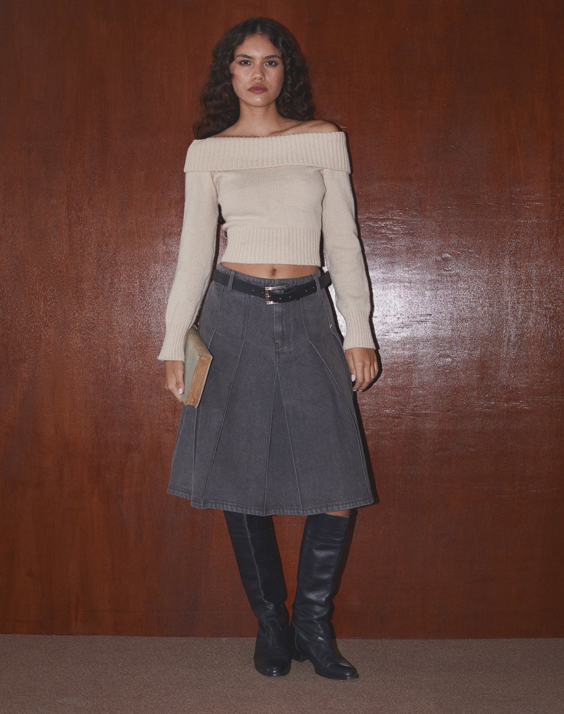 Imagen de Sanjani Falda midi vaquera plisada en gris lavado