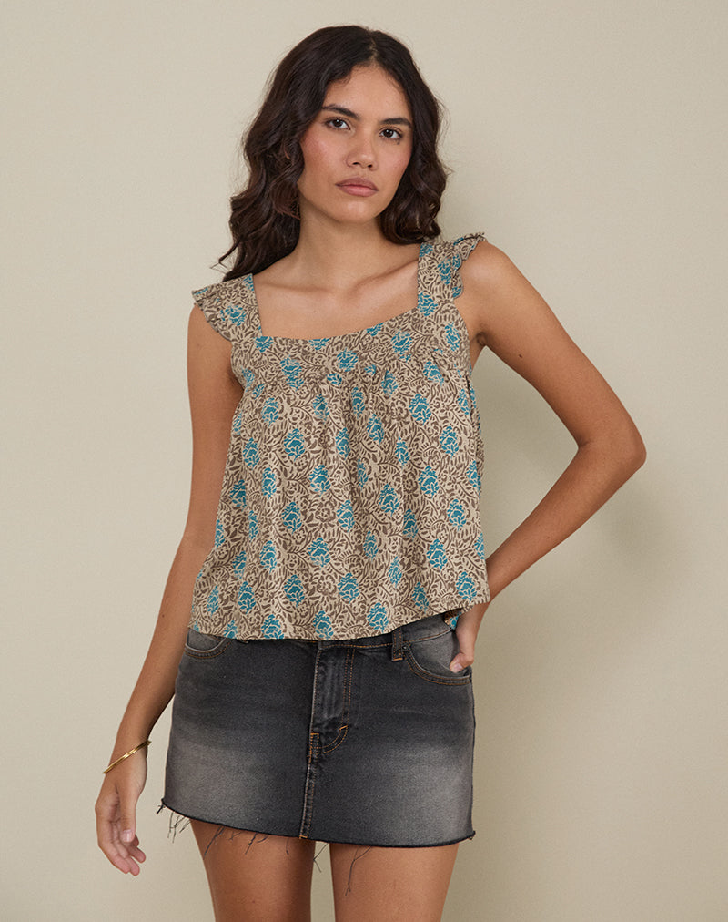 Imagen de Sanula Top en Batik Bohemio Floral Azul y Marrón