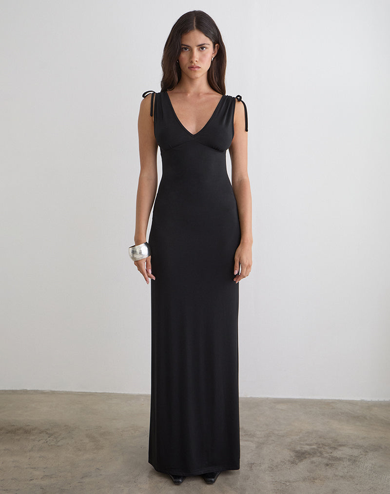 Imagen del vestido largo Sanyu Plunge en cupro negro.