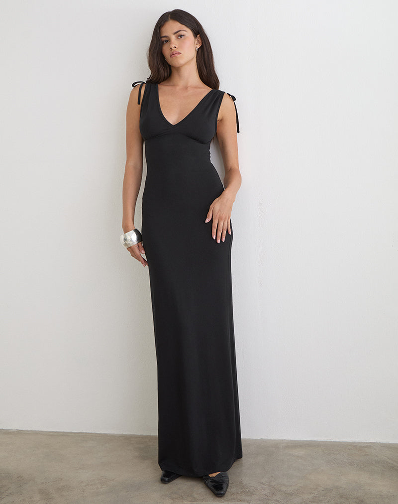 Imagen del vestido largo Sanyu Plunge en cupro negro.