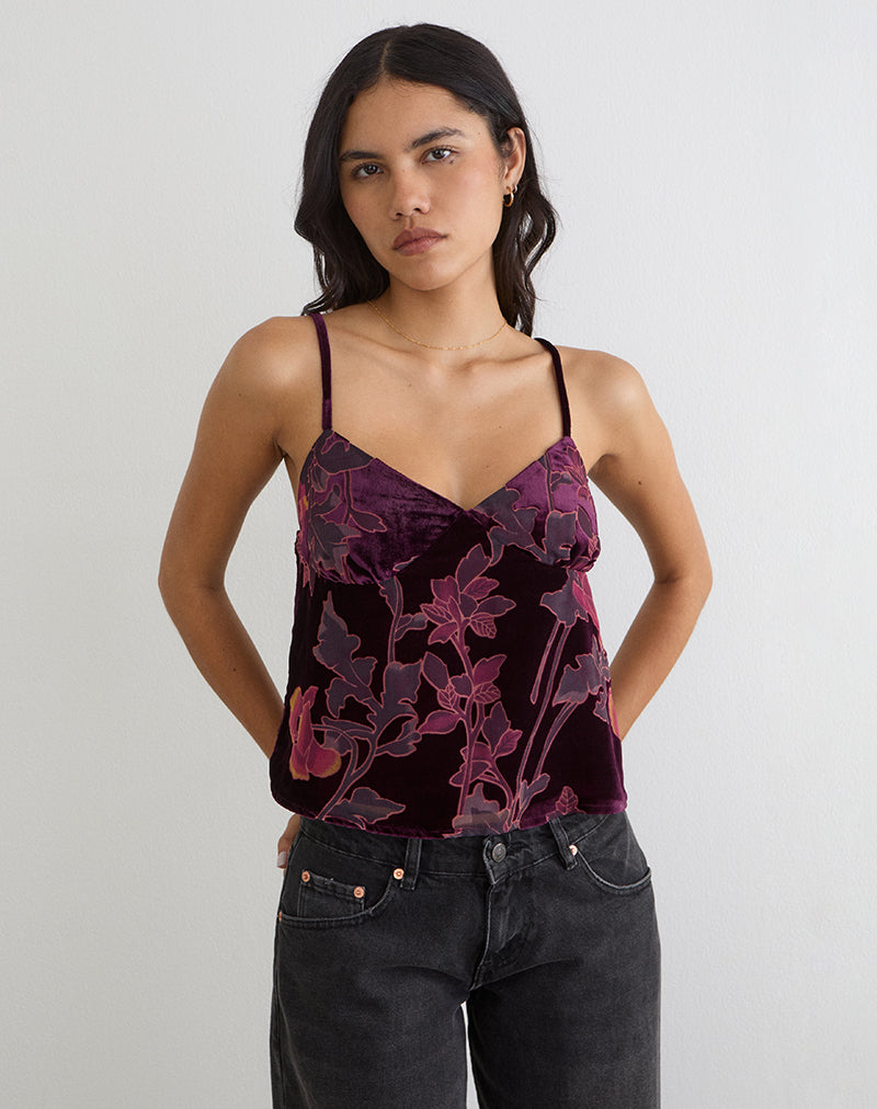 Top Sarinda Cami en devoré floral burdeos