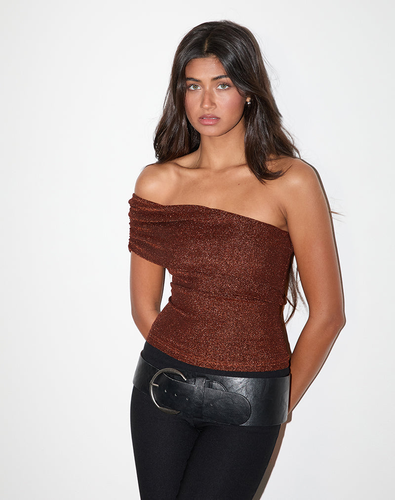 Top con un hombro Sarla en Jersey Glitter Cobre