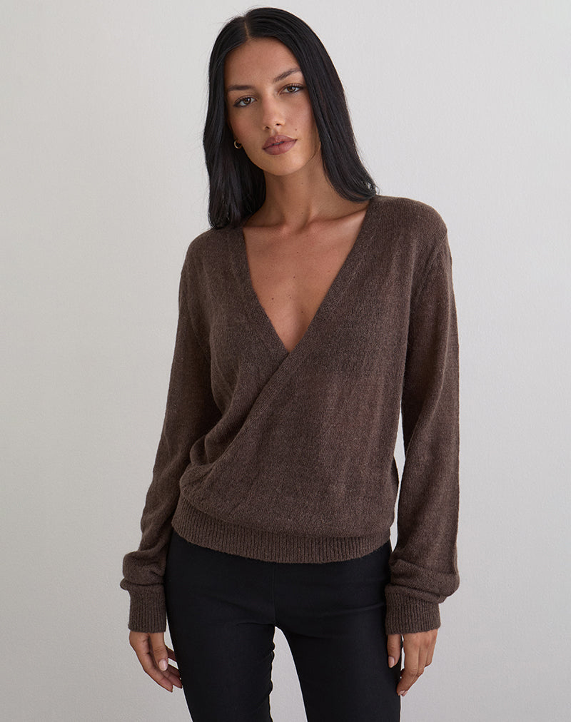 Saroya Plunge Wrap Top de punto Chocolate oscuro