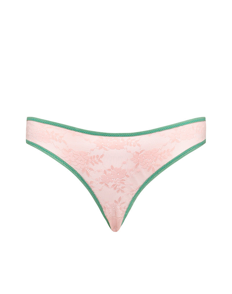 Imagen de la braguita Sarpa de malla rosa con ribete verde