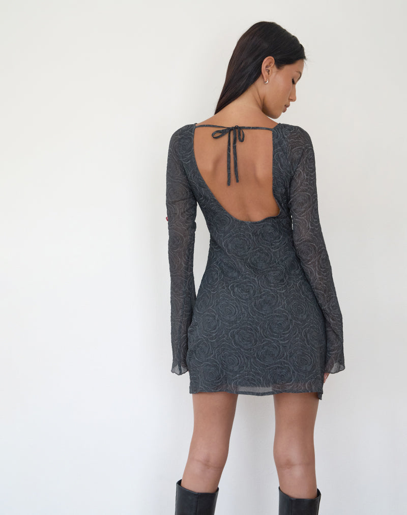 Sava Mini Vestido de Manga Larga con Espalda Abierta de Gasa Floral Negra