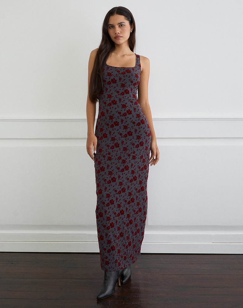 Sayidan Maxi Vestido Azul Gris Floral Jardín