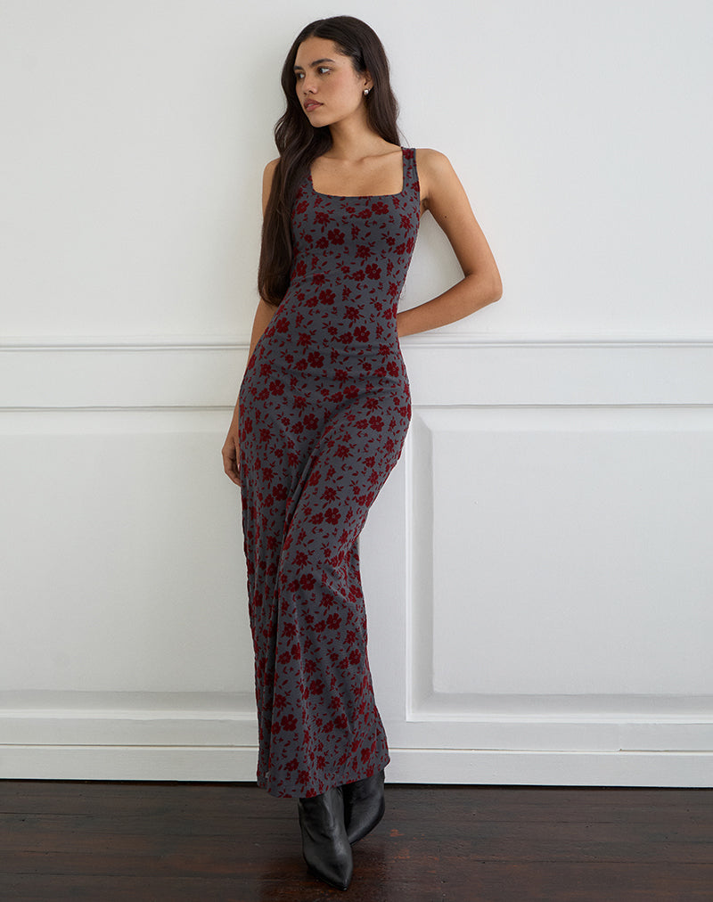 Sayidan Maxi Vestido Azul Gris Floral Jardín