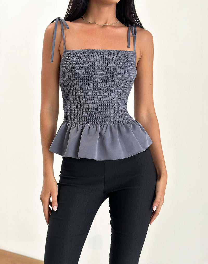 Seora Tie Shoulder Shirred Top Gris