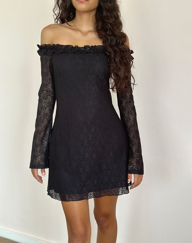 Severine Bardot Mini Vestido Encaje Negro
