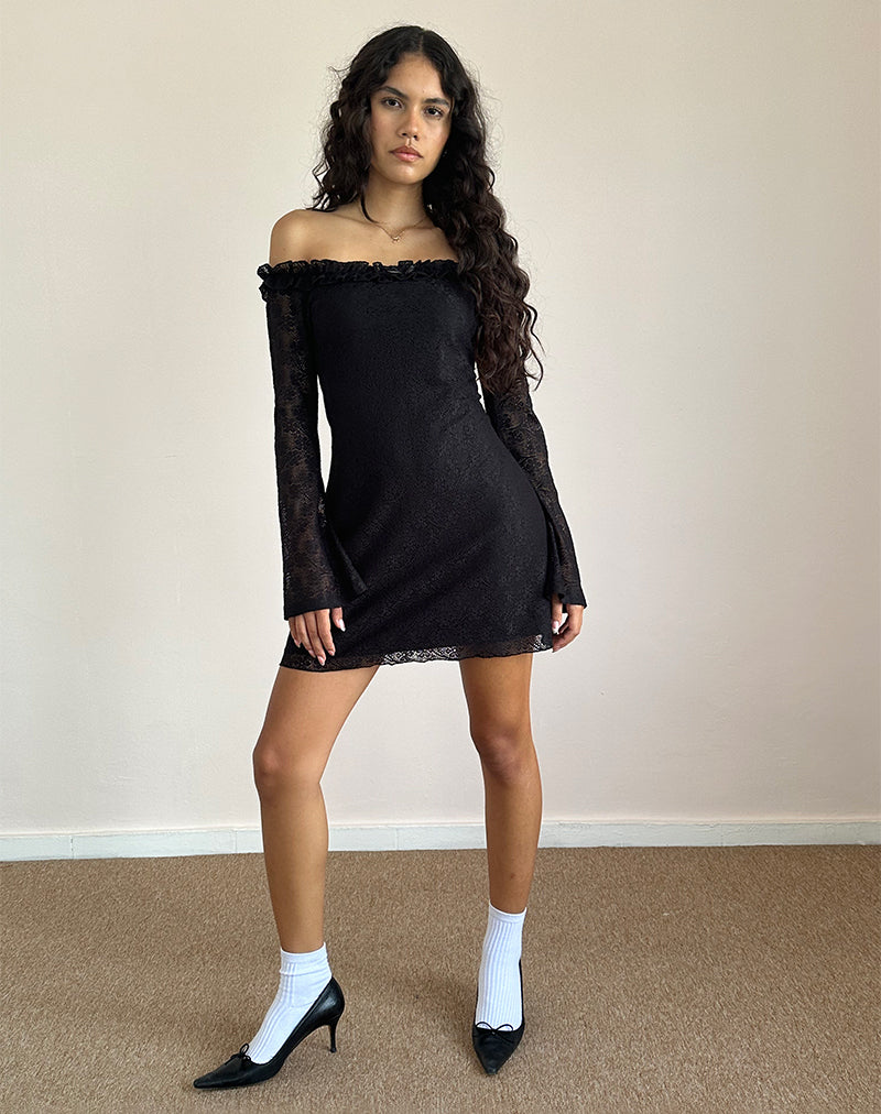 Severine Bardot Mini Vestido Encaje Negro