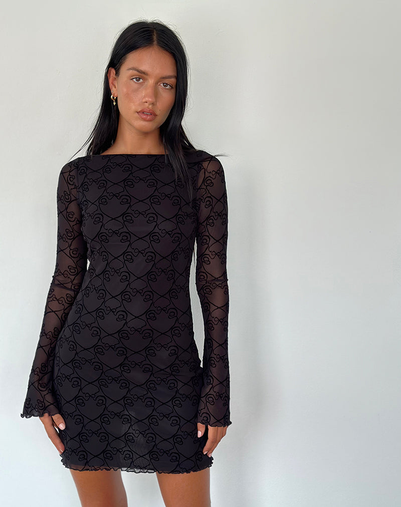 Mini Vestido de Manga Larga Sevila en Negro Reina del Corazón Flock