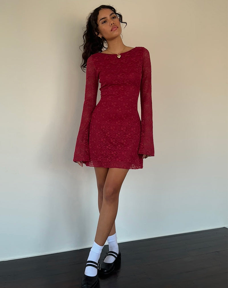 Imagen de Sevila Minivestido de manga larga de encaje rojo intenso