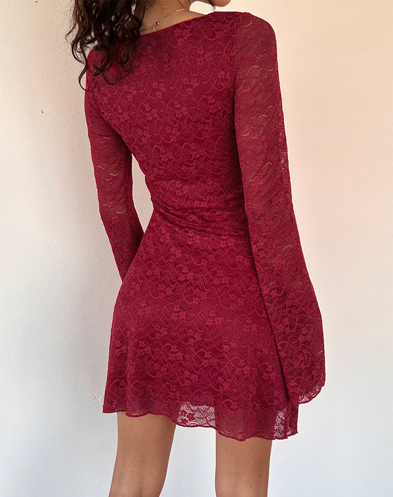 Imagen de Sevila Minivestido de manga larga de encaje rojo intenso