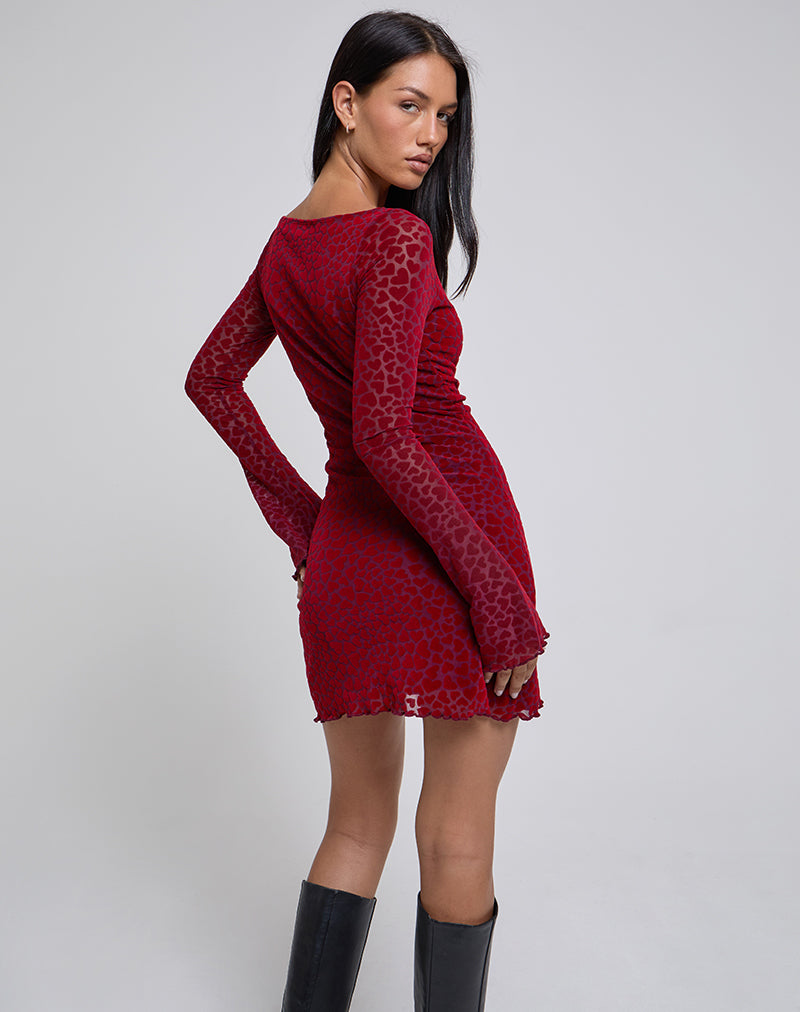 Imagen de Sevila Mini Vestido de Manga Larga en Flock Corazón Granate