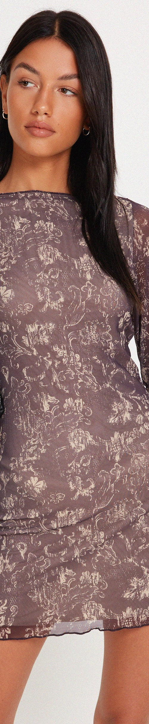 Imagen de Sevila Mini Vestido de Manga Larga en Botánico Marrón Oscuro