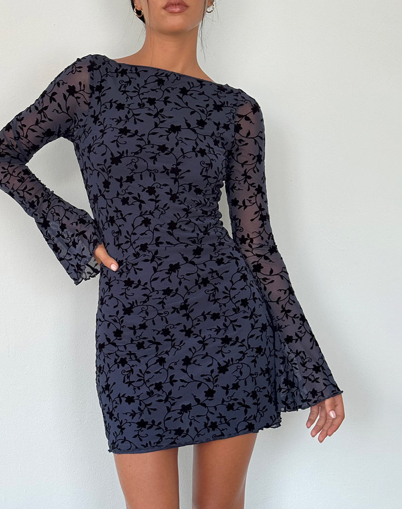 Minivestido Sevila de manga larga en pétalo flocado azul marino