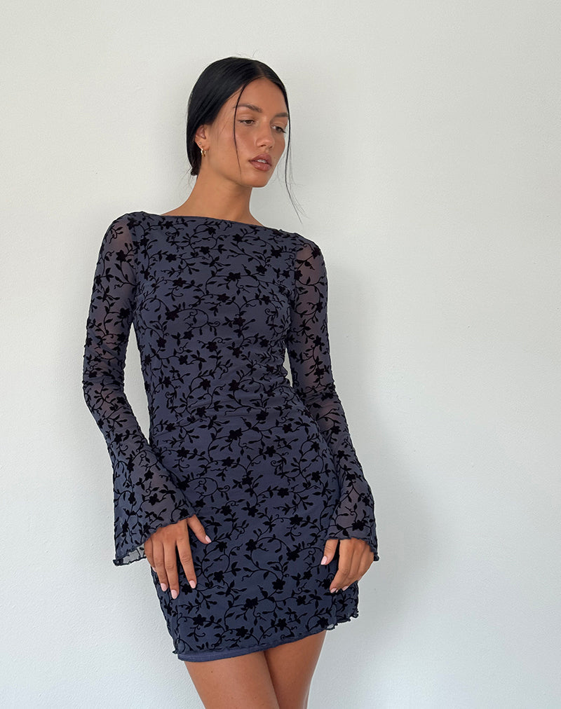 Minivestido Sevila de manga larga en pétalo flocado azul marino