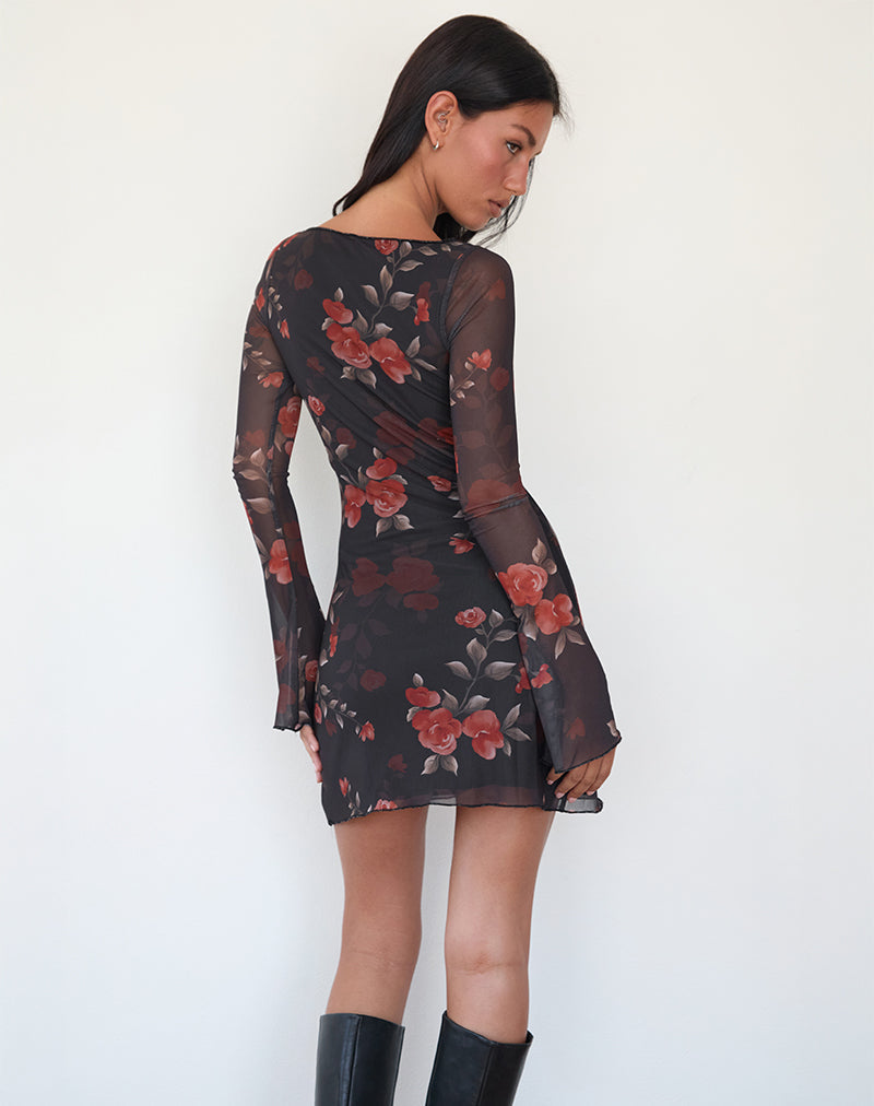 Imagen de Sevila Mini Vestido de Manga Larga en Negro Rosa Acuarela