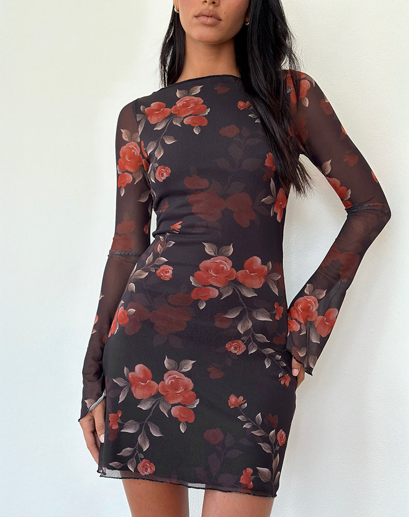 Imagen de Sevila Mini Vestido de Manga Larga en Negro Rosa Acuarela
