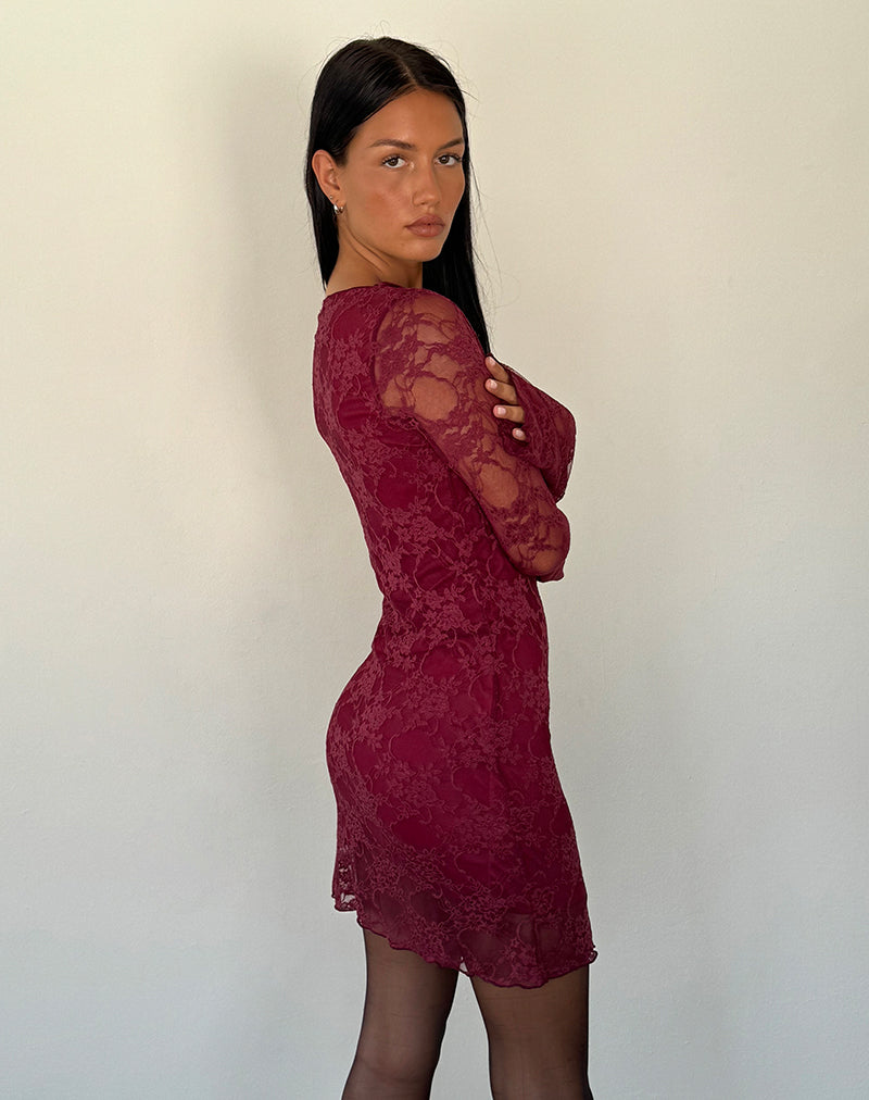 Imagen Sevila Mini Vestido Manga Larga Encaje Borgoña