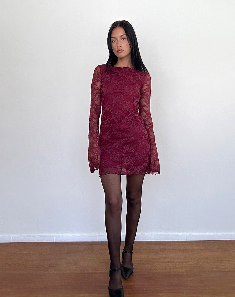 Imagen Sevila Mini Vestido Manga Larga Encaje Borgoña