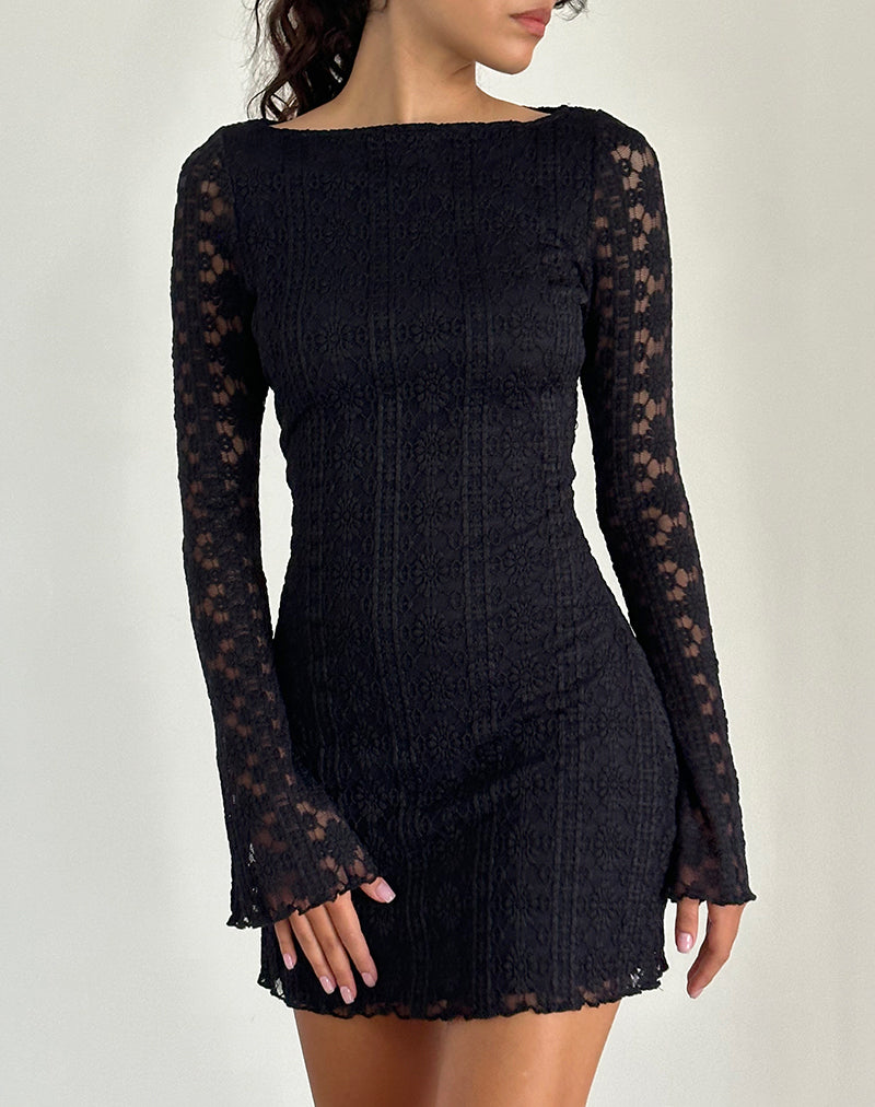 Mini Vestido de Manga Larga Sevila en Encaje Regal Negro